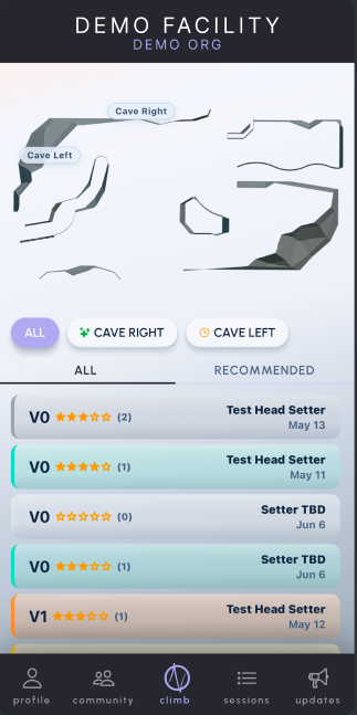 Onset Climb customer app showing the Demo Facility map, Cave Right and Cave Left wall filters, and a list of climbs with grades, ratings, and setters.