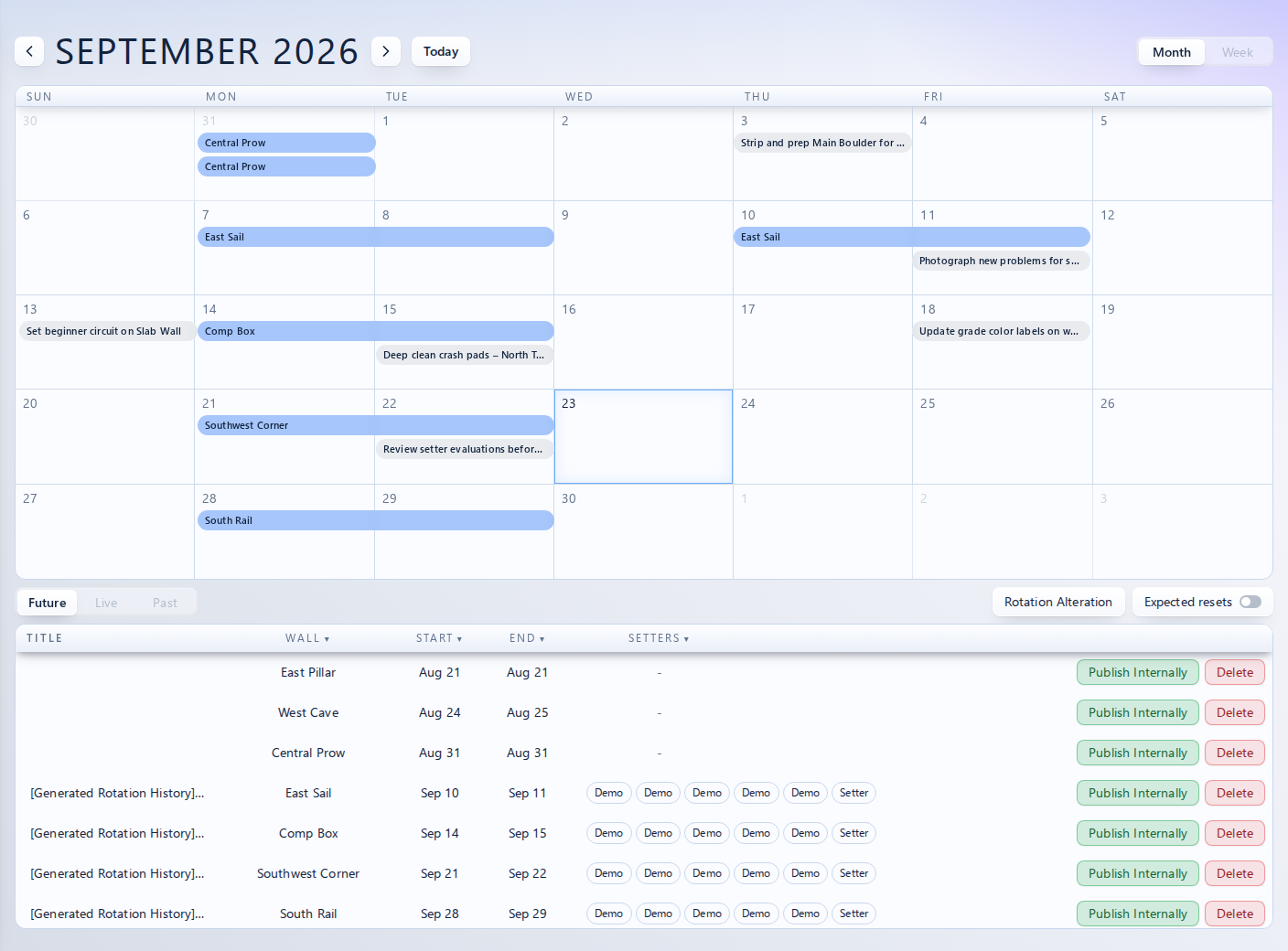 OnSet setting calendar showing scheduled resets and tasks with the full month in view.